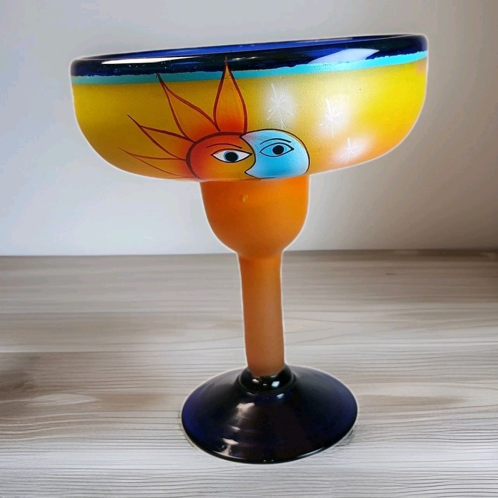Margarita Glass Cobalt Blue Rim, Mexican, Painted Sun and Moon, Hand Blown Glass